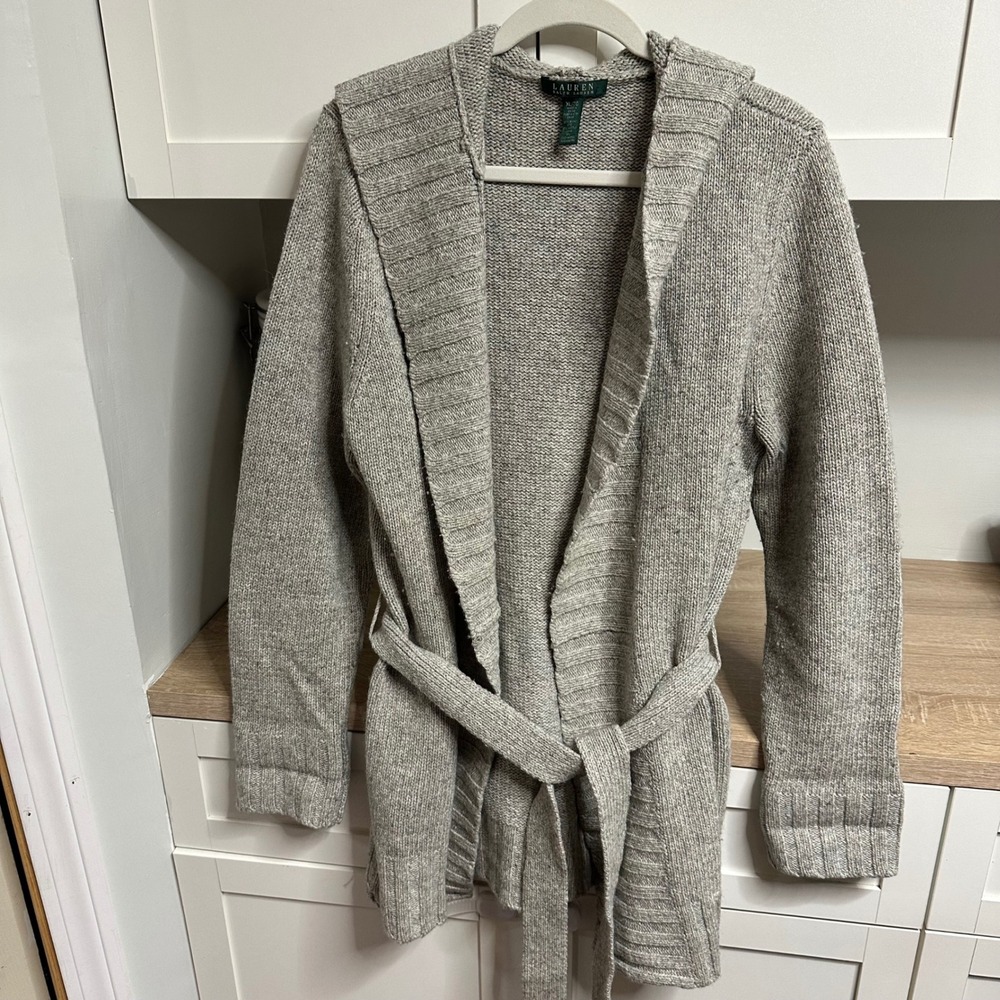 Lauren Ralph Lauren Silk Wool Cashmere Hooded Belt Heavyweight Wrap Cardigan XL